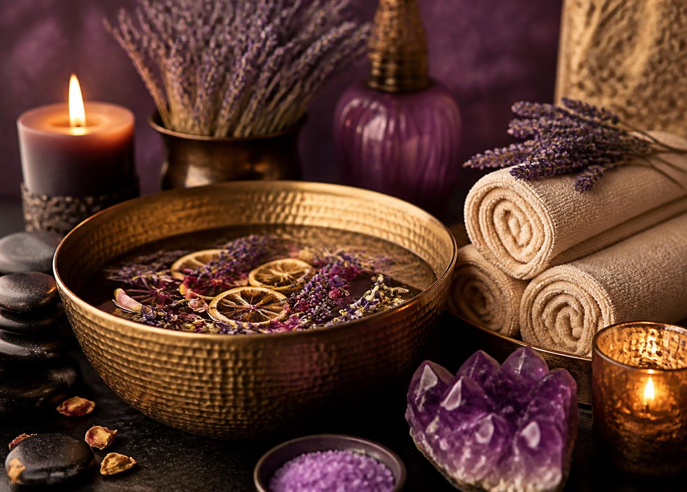 Herbal foot soak with amethyst, candles, and warm towels