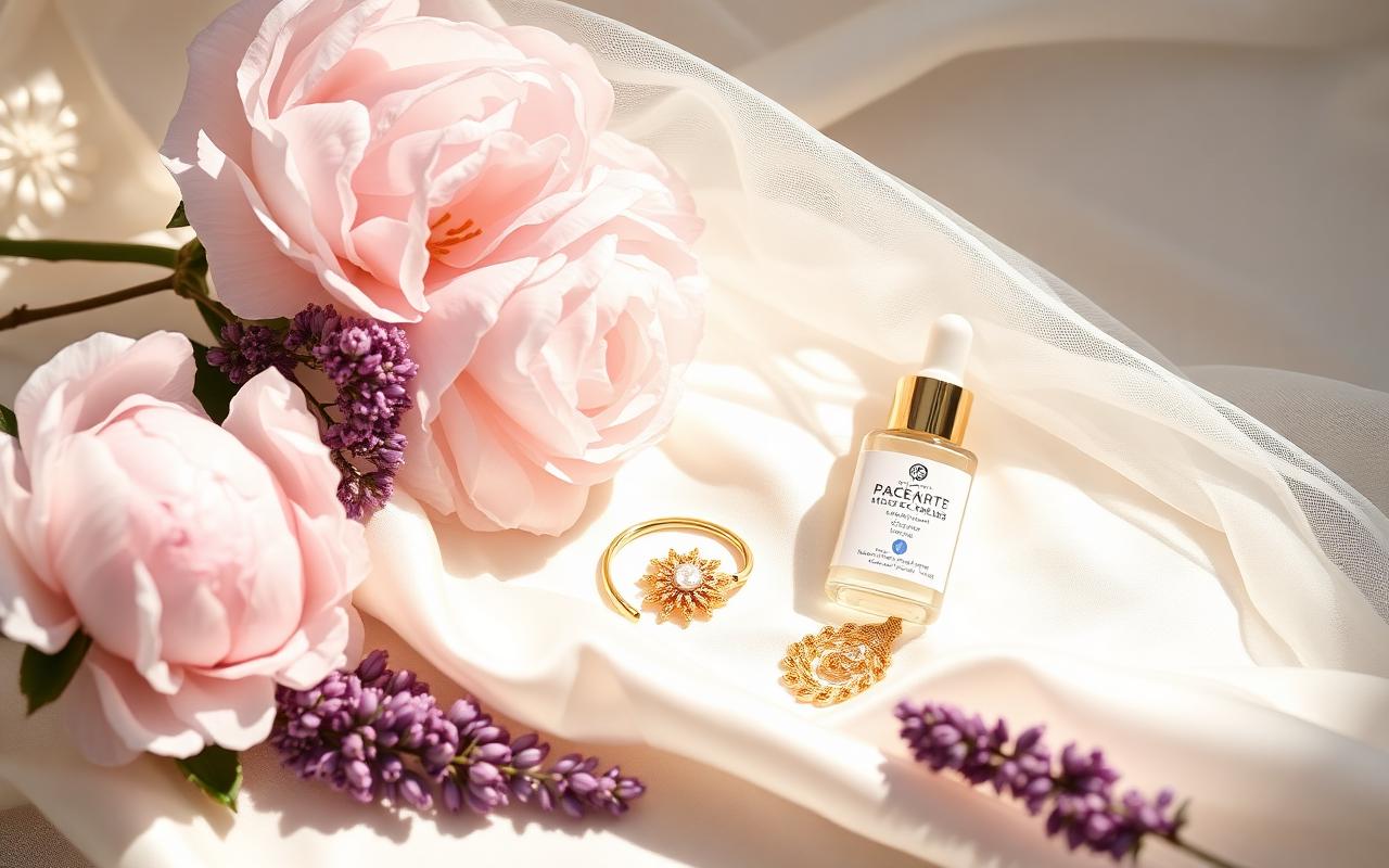 Peonies, veil fabric, gold jewelry and serum on ivory silk