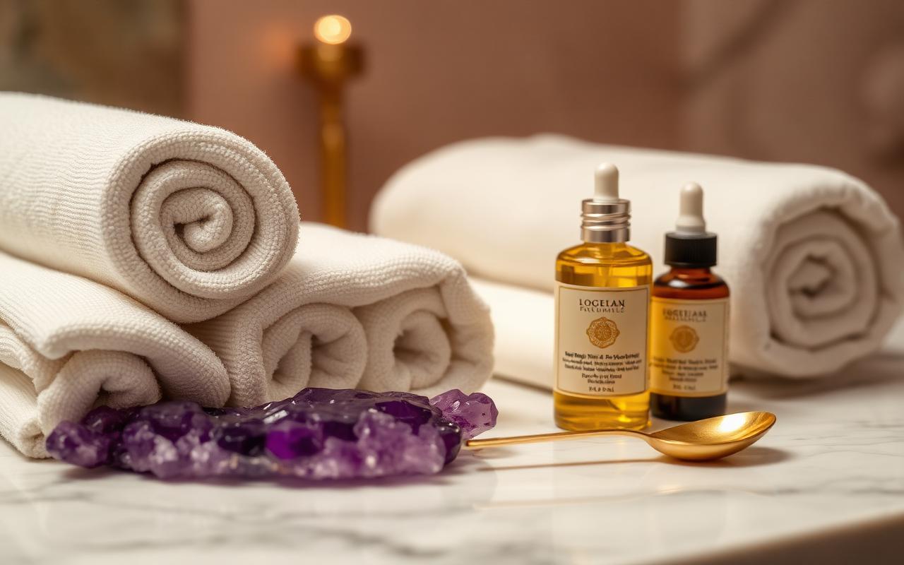 Ivory towels, botanical facial oils and amethyst on marble in a Frisco spa