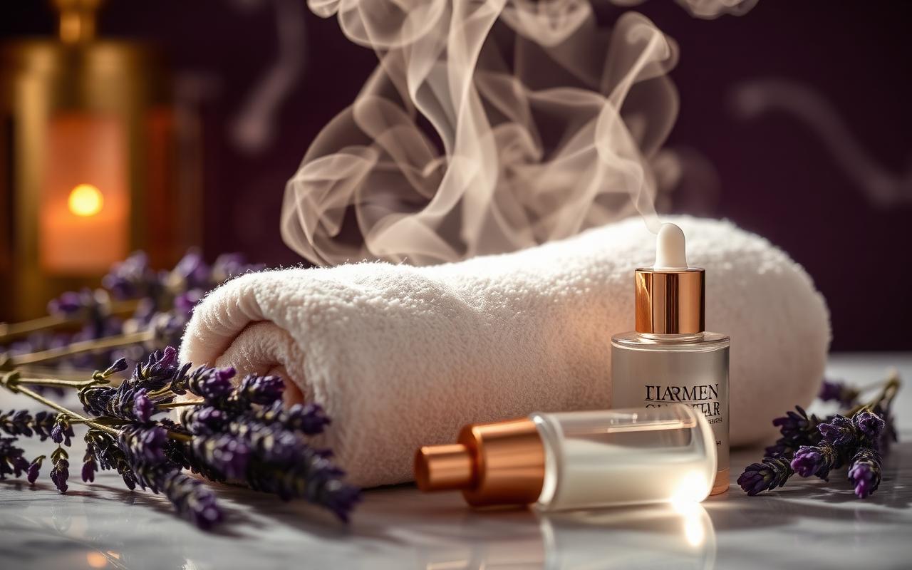 Steam rising over ivory towel with serums and lavender in a Frisco spa
