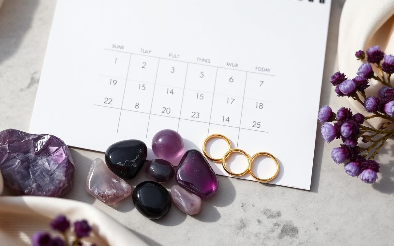 Calendar with amethyst stones and gold rings on ivory linen