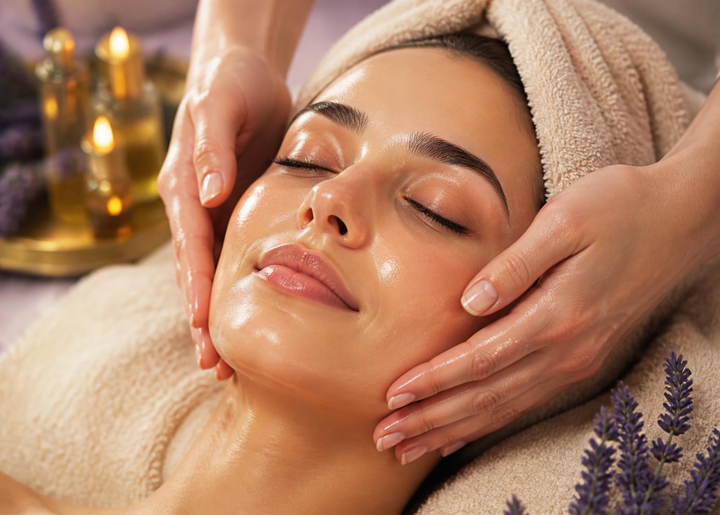 Gentle hands performing a botanical facial massage