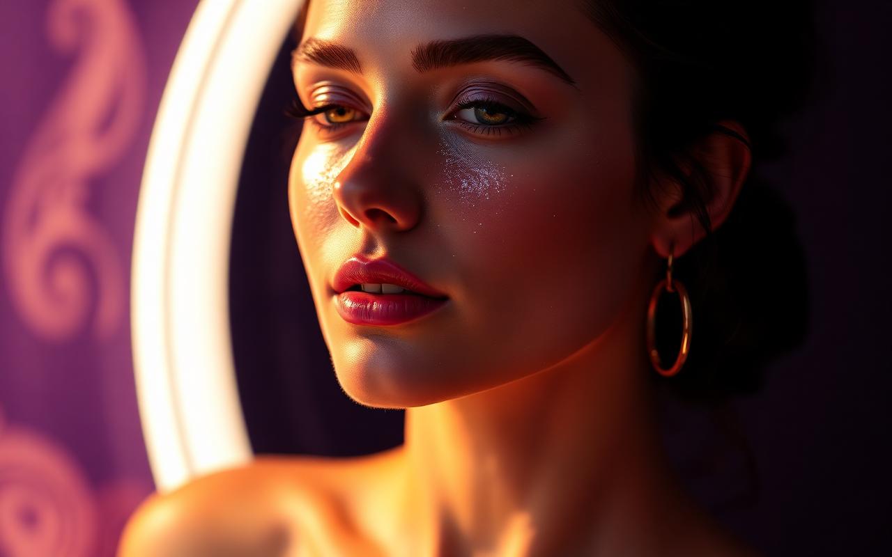 Luminous glowing skin lit in lavender and gold light