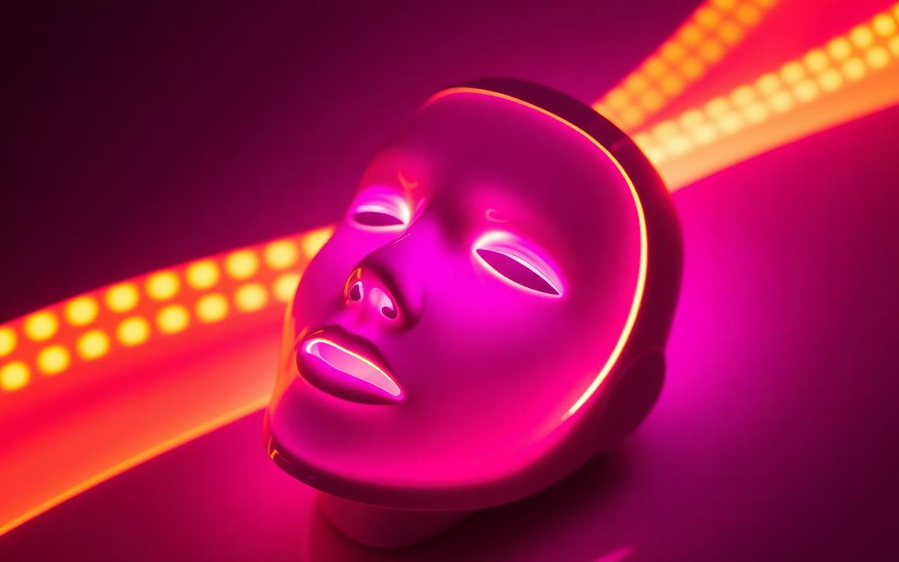 Glowing LED light therapy mask on a dark plum background