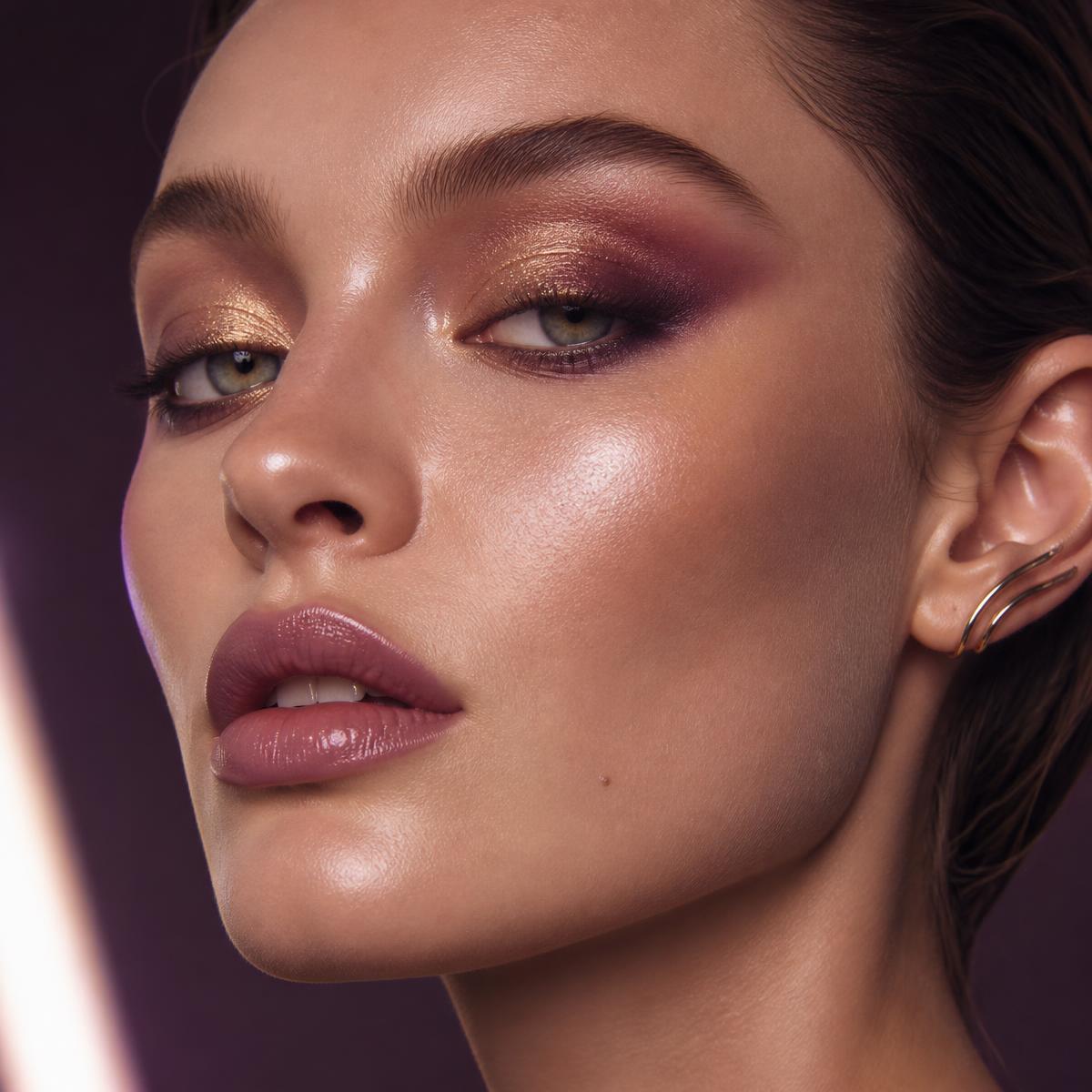 Luminous plum and champagne gold makeup look