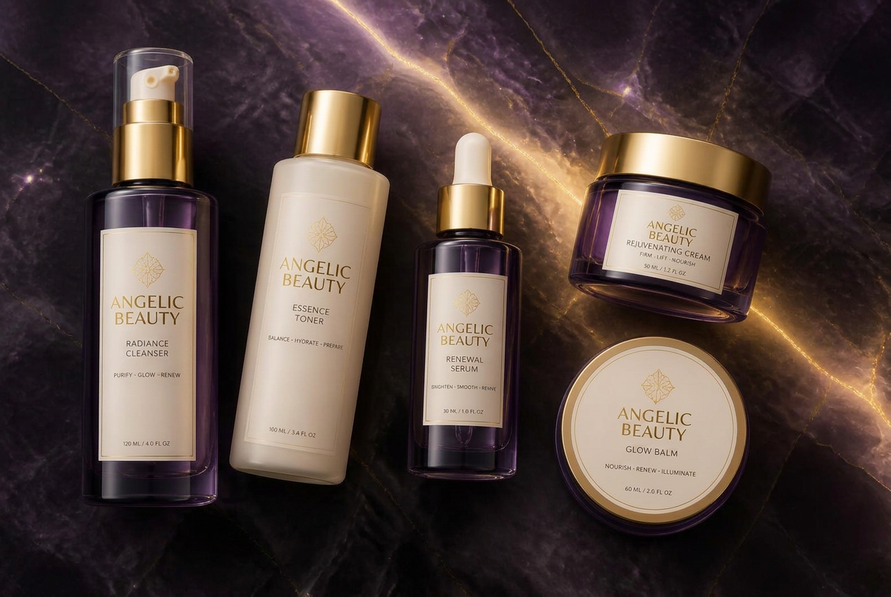 The full Angelic Beauty handmade skincare collection in amethyst glass and champagne gold