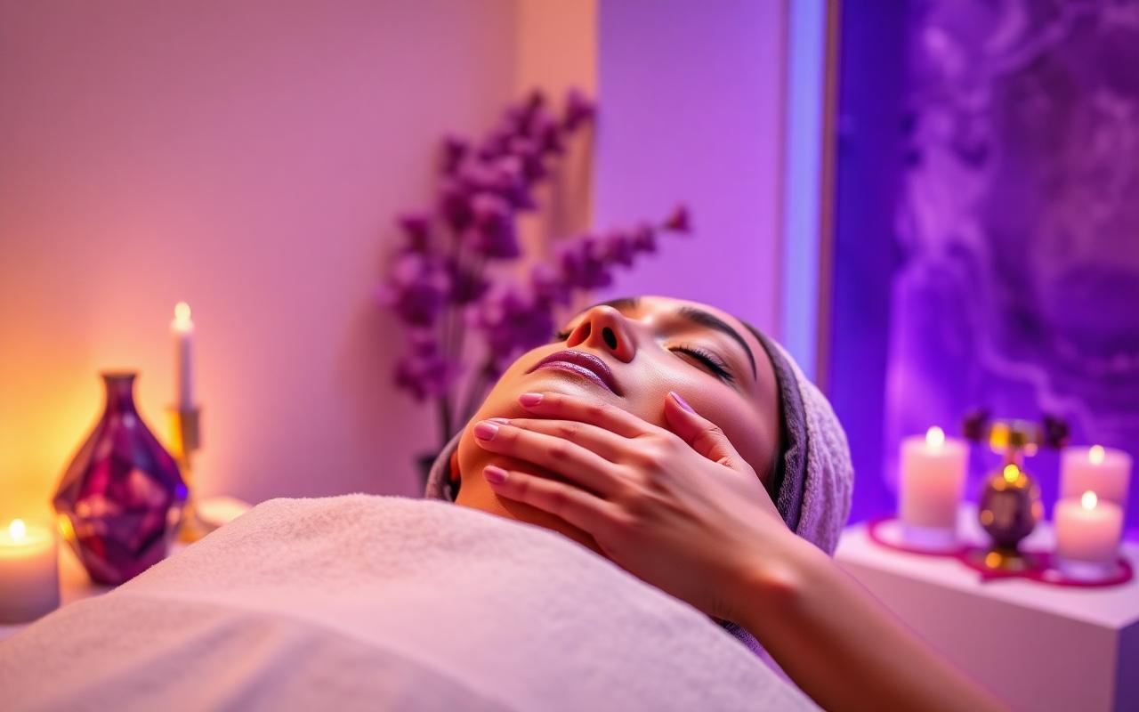 European facial treatment room in Frisco with warm lavender and gold light